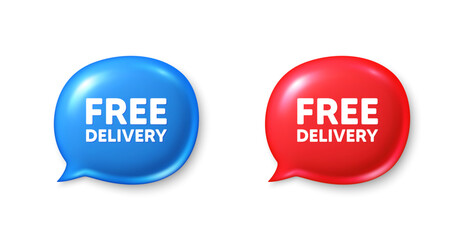 Free delivery tag. Chat speech bubble 3d icons. Shipping and cargo service message. Business order icon. Free delivery chat offer. Speech bubble banners set. Text box balloon. Vector