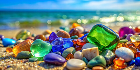 Colorful gemstones on a beach. Polish textured sea glass and stones on the seashore
