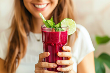 Woman holding a glass of beetroot smoothie with mint and lime. Healthy lifestyle and detox diet concept for restaurant menu, food blog design. - obrazy, fototapety, plakaty