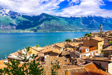 most scenic Italian lakes Lago di Grada , view of beautiful village Limone sul Garda. Lombardy,...