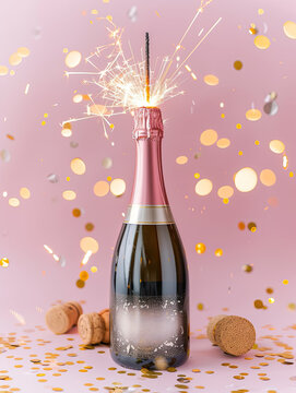 Product photography, a bottle of champagne with sparklers coming out of the bottle, pastel pink background, illustration made with Ai