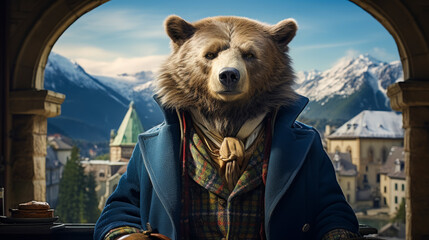 Imagine a debonair bear in a tweed blazer, accessorized with a tartan scarf and a monocle. Amidst a backdrop of rugged mountains, it exudes outdoorsy elegance and wilderness charm. Mood: rugged and re - obrazy, fototapety, plakaty