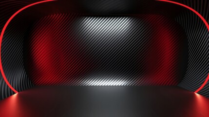 Studio interior with carbon fiber texture. Modern carbon fiber textured red black interior with light. Background for mounting, product placement. Vector background, template, mockup 