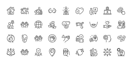 Success, Smile and Dont touch line icons pack. AI, Question and Answer, Map pin icons. Writer, Fair trade, Video conference web icon. Vector