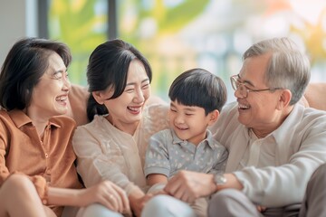 Obraz premium Happy asian family enjoying weekend and laughing together at home
