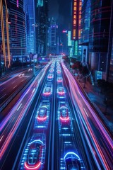 Fototapeta premium Ethereal holographic highway weaves through neon-lit cityscape, sleek vehicles with dynamic displays. 🌆🚗💫 A futuristic spectacle of innovation.