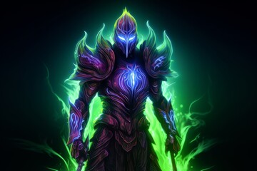 A warrior adorned with neon accents and glowing symbolstechnologysci fineon