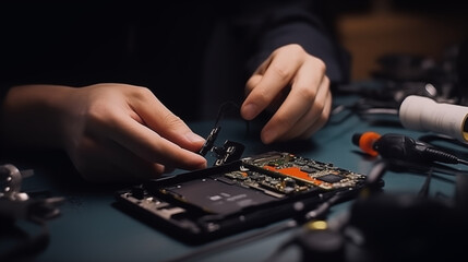 Technician repairing a smartphone with a screwdriver in the workshop.
