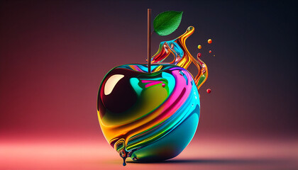 Fruit apple with juice splash, 3d render, square image