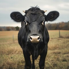 Close Up of a Black Cow Grazing in Field