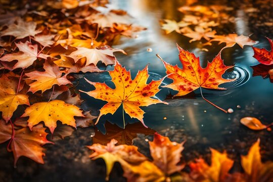 bright maple leaves in a puddle. Beautiful autumn atmosphere image. vivid autumn maple leaves on water backdrop. fall season background concept. 