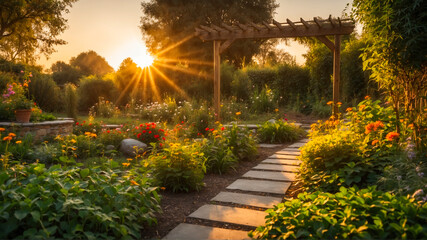 Panoramic view of the backyard garden decorated with various flowers at sunset. Beautiful nature concept background with flowers and paths. AI Generated