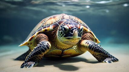 A close-up image of a sea turtle on the sandy seabed against the vibrant blue ocean backdrop.