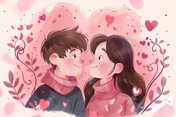 Couple Standing in Front of Heart, illustration cartoon