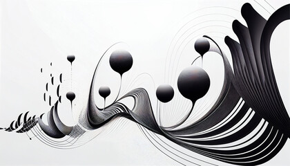 abstract black and white background with waves and circles, vector illustration