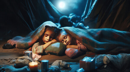 Refugee children sleeping waiting for help