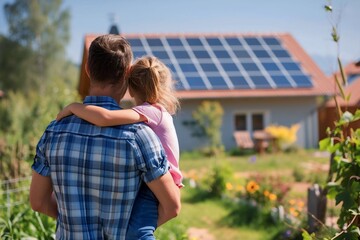 Caucasian father and daughter look at their house which had solar panels installed on the roof. Alternative energy, saving resources and sustainable lifestyle concept.