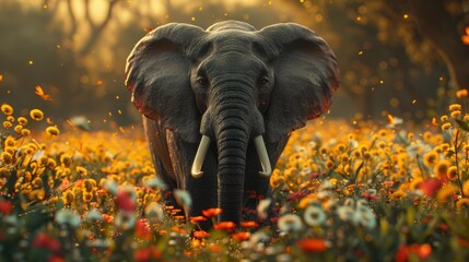 Elephant in a flower Field. AI Generative - obrazy, fototapety, plakaty
