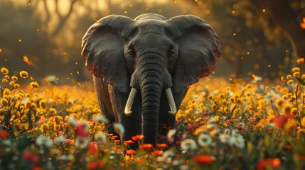 Foto op Canvas Elephant in a flower Field. AI Generative © MendyZa