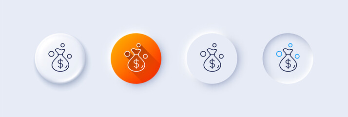 Money bag line icon. Neumorphic, Orange gradient, 3d pin buttons. Cash coins sign. Income profit symbol. Line icons. Neumorphic buttons with outline signs. Vector