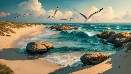 A peaceful coastal landscape, with sandy beaches, gentle waves - obrazy, fototapety, plakaty