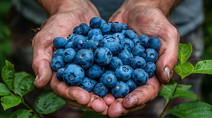 Holding fresh organic blueberry fruit
