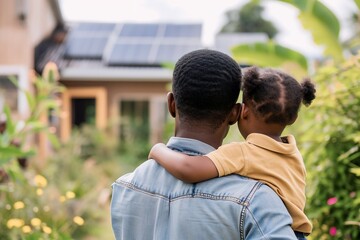 african american father and daughter look at their house which had solar panels installed on the roof. Alternative energy, saving resources and sustainable lifestyle concept.