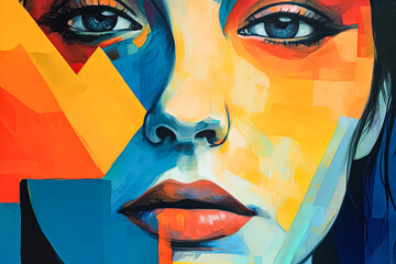 A woman's face is painted in a colorful abstract style