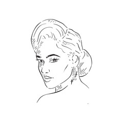 A black and white illustration of a lady with a styled up do. Drawn by hand in line drawn sketchy style.