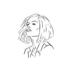 A black and white illustration of a lady with a short bob. Drawn by hand in line drawn sketchy style.