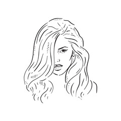 A black and white illustration of a lady with a long blow dry. Drawn by hand in line drawn sketchy style.
