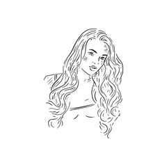 A black and white illustration of a lady with a long blow dry. Drawn by hand in line drawn sketchy style.