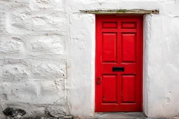 A single, vibrant red door set against a smooth, whitewashed wall, with a minimalist black handle
