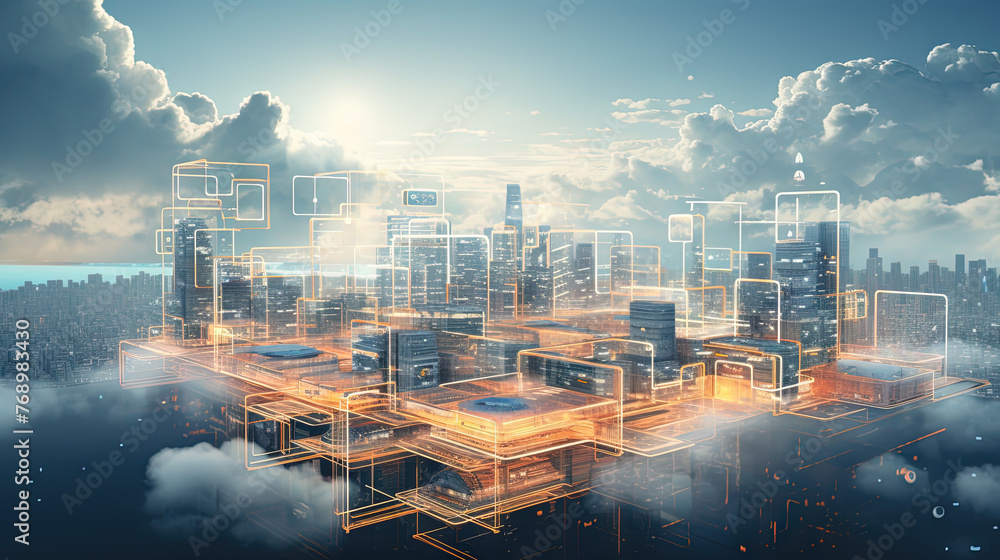 Poster concept of a digital city with cloud connections. futuristic network in the clouds.