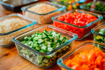 Vegetables ingredients for salads in glass bowls, buffets, snack 