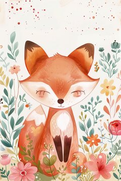 Fox Sitting in a Field of Flowers