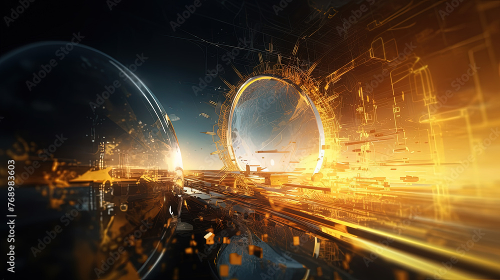 Poster Abstract technology burst with glowing wires and particles in motion. Technology and science dynamic background.
