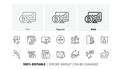 Favorite mail, Calendar and Phone pay line icons. Pack of Cyber attack, Credit card, Rotation gesture icon. Food delivery, Chemistry pipette, Touch screen pictogram. Bitcoin chart. Line icons. Vector