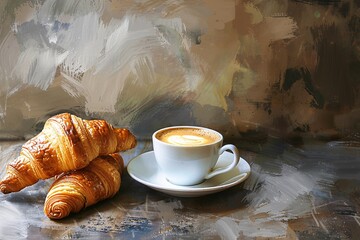 a cup of coffee and croissants