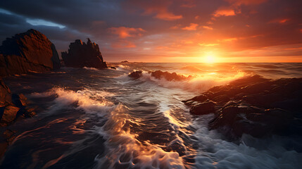 Fantastic big rocks and ocean waves at sundown time. Dramatic scene. - 768984222