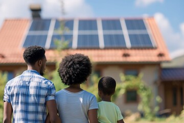 african american father and daughter look at their house which had solar panels installed on the roof. Alternative energy, saving resources and sustainable lifestyle concept.