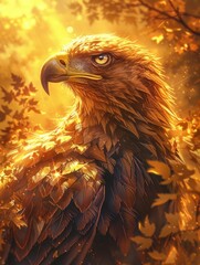 Majestic eagle merges with fire, gazes sideways, stunning. 🦅🔥✨