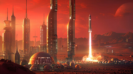 Fototapeta na wymiar Futuristic Mars Colony with Rocket Launch