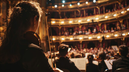 Grand classical music performance in historical theater with full orchestra captivates audience. Splendid atmosphere.