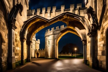 King Henry VIII gate private entrance secure stone fortified walls. Windsor Castle grounds lit at...