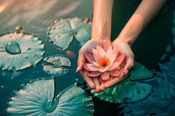 woman's hands holding water Lilly or lotus flower. Vesak day, Buddhist lent day, Buddha Purnima and birthday worshiping concept - obrazy, fototapety, plakaty