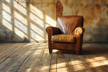A single, worn leather armchair placed in the center of an empty room, bathed in warm sunlight creating a sense of solitude and reflection