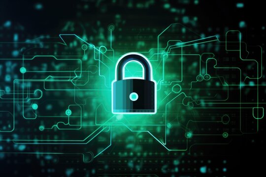 A shining padlock emerges from a circuitry pattern, signifying robust cyber security. Cyber Security Shield