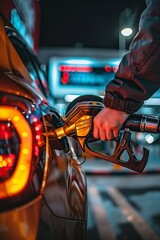Person Pumping Gas Into Car at Gas Station - obrazy, fototapety, plakaty