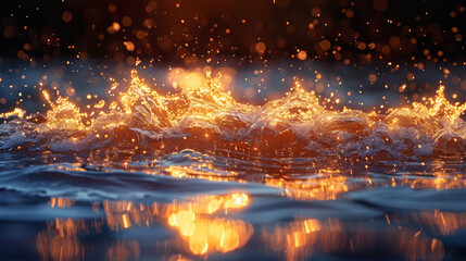 A detailed close-up perspective captures a vibrant splash of liquid illuminated by rays of orange and blue light, creating a mesmerizing visual display.